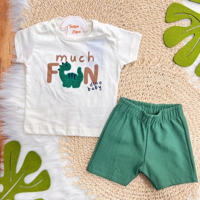 Conj. Camiseta Much Fun Dino Baby e Bermuda - Off White